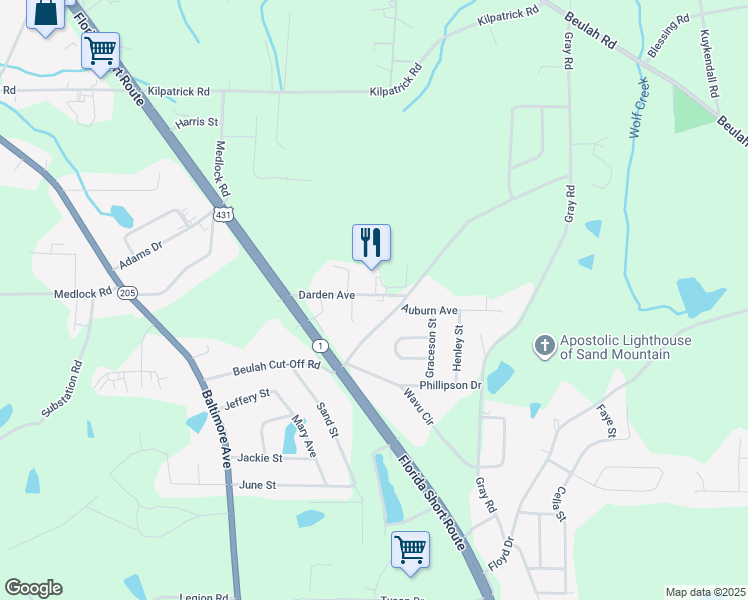 map of restaurants, bars, coffee shops, grocery stores, and more near 100 Blossomwood Drive in Albertville