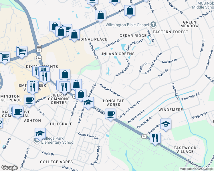 map of restaurants, bars, coffee shops, grocery stores, and more near 717 George Trask Drive in Wilmington