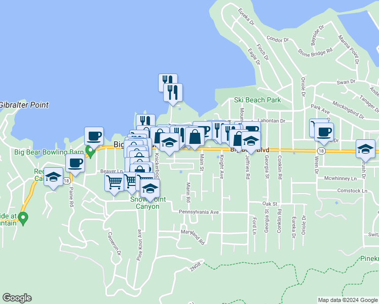 map of restaurants, bars, coffee shops, grocery stores, and more near in Big Bear Lake