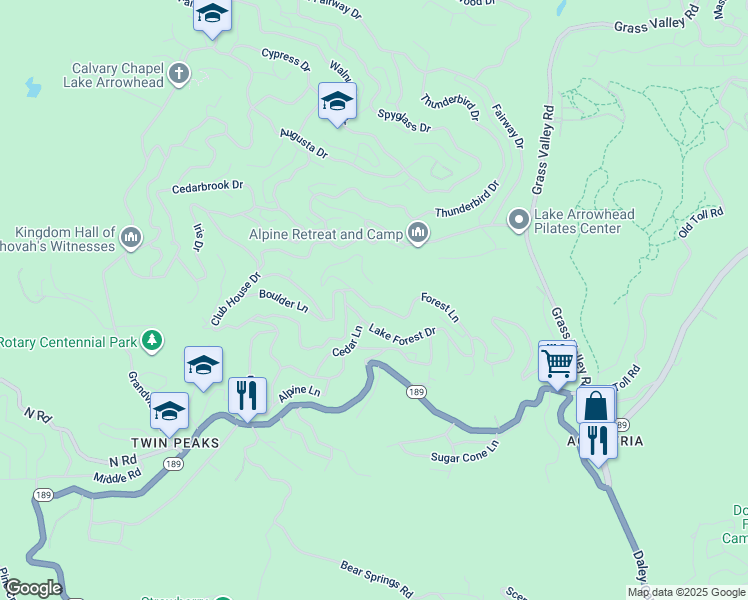 map of restaurants, bars, coffee shops, grocery stores, and more near 26364 Forest Lane in Twin Peaks