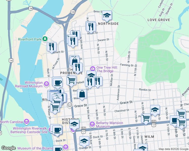 map of restaurants, bars, coffee shops, grocery stores, and more near 624 North 6th Street in Wilmington
