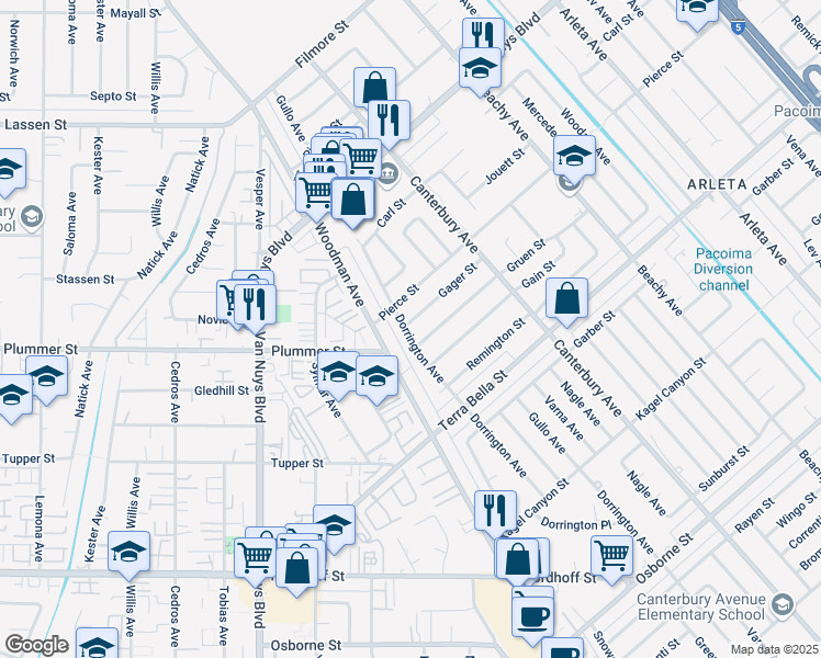 map of restaurants, bars, coffee shops, grocery stores, and more near 17614 Gager Street in Los Angeles