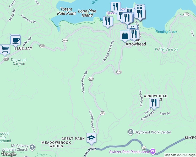 map of restaurants, bars, coffee shops, grocery stores, and more near 551 Raccoon Lane in Lake Arrowhead