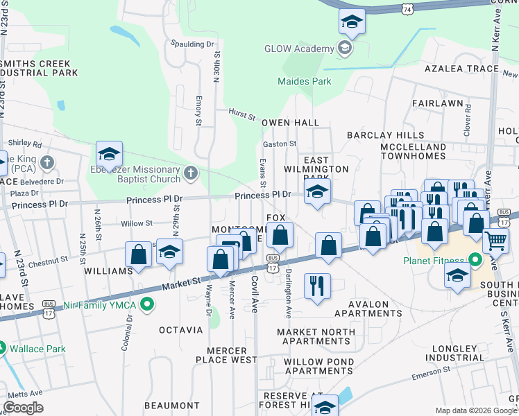 map of restaurants, bars, coffee shops, grocery stores, and more near 223 Evans Street in Wilmington