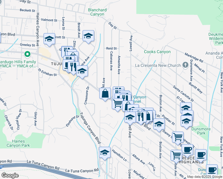 map of restaurants, bars, coffee shops, grocery stores, and more near 9710 Cabanas Avenue in Los Angeles