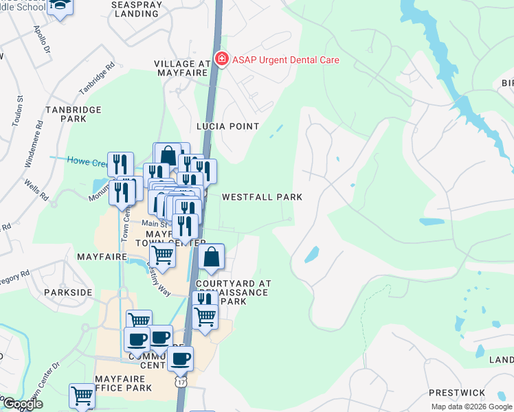 map of restaurants, bars, coffee shops, grocery stores, and more near 1813 Sir Tyler Drive in Wilmington