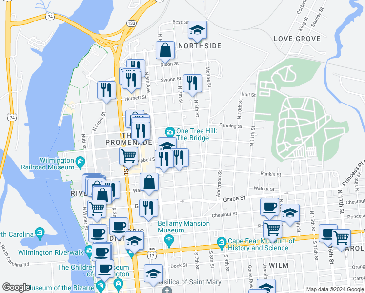 map of restaurants, bars, coffee shops, grocery stores, and more near 615 North 7th Street in Wilmington