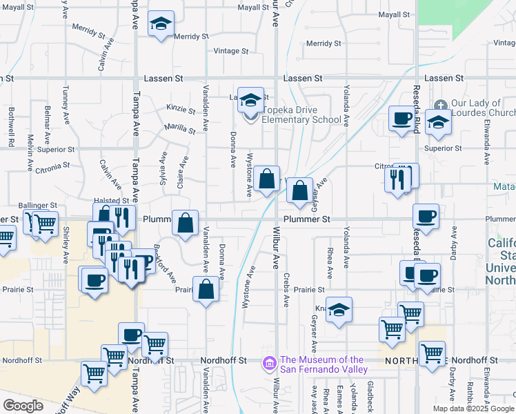 map of restaurants, bars, coffee shops, grocery stores, and more near 18932 Ballinger Street in Los Angeles
