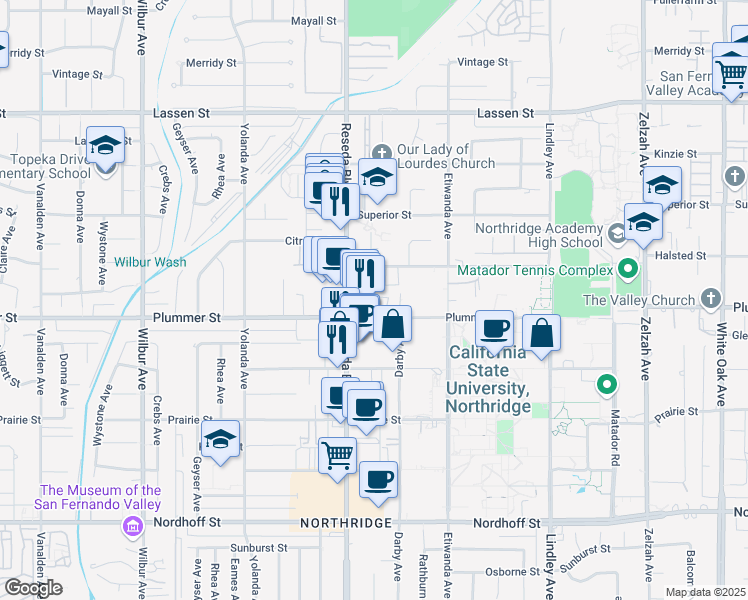 map of restaurants, bars, coffee shops, grocery stores, and more near 18411 Plummer Street in Los Angeles