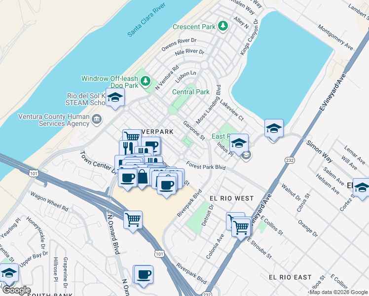 map of restaurants, bars, coffee shops, grocery stores, and more near 3005 Moonlight Park Avenue in Oxnard