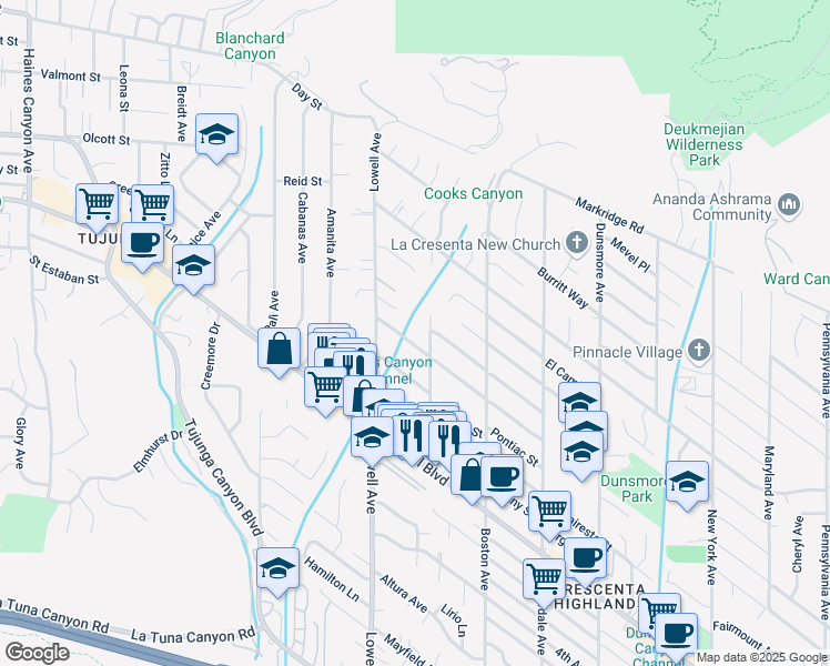 map of restaurants, bars, coffee shops, grocery stores, and more near 3921 Los Olivos Lane in Glendale