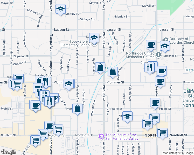 map of restaurants, bars, coffee shops, grocery stores, and more near 18932 Ballinger Street in Los Angeles