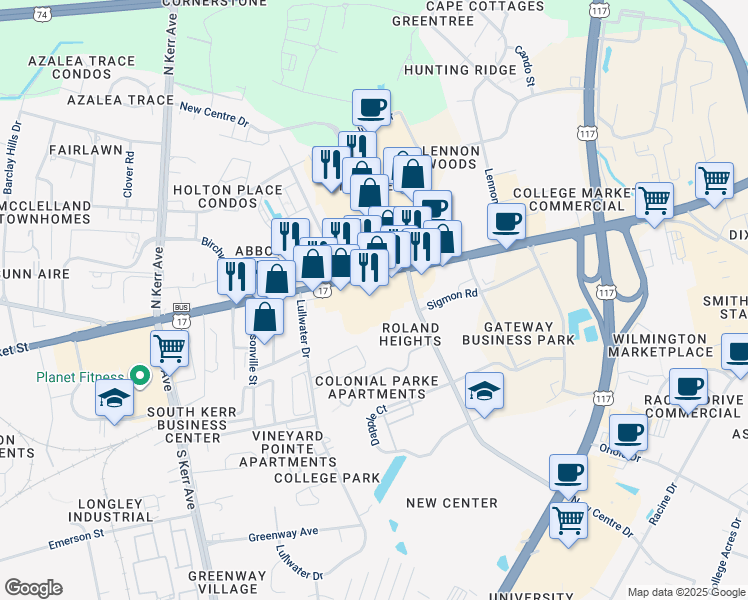 map of restaurants, bars, coffee shops, grocery stores, and more near 5032 Market St in Wilmington