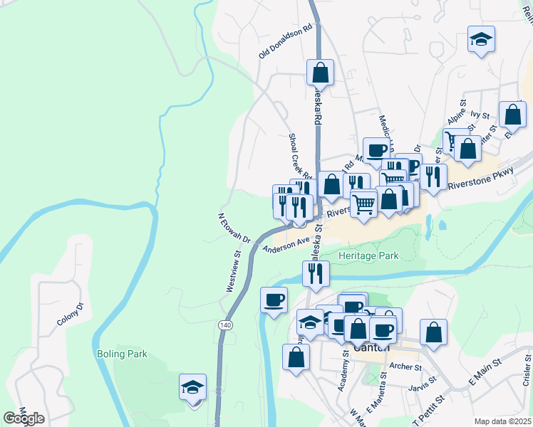 map of restaurants, bars, coffee shops, grocery stores, and more near 264 Marietta Highway in Canton