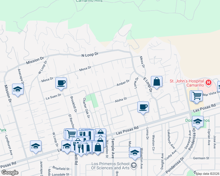 map of restaurants, bars, coffee shops, grocery stores, and more near Amber Drive in Camarillo