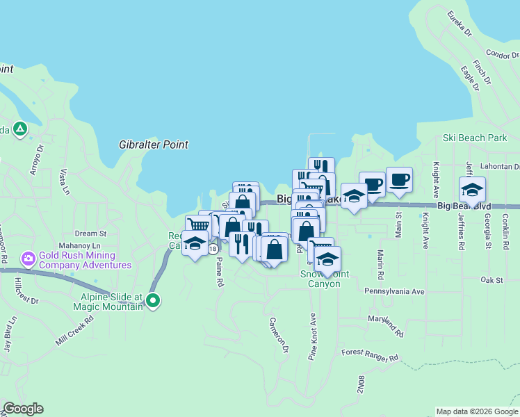 map of restaurants, bars, coffee shops, grocery stores, and more near 40667 Beaver Lane in Big Bear Lake