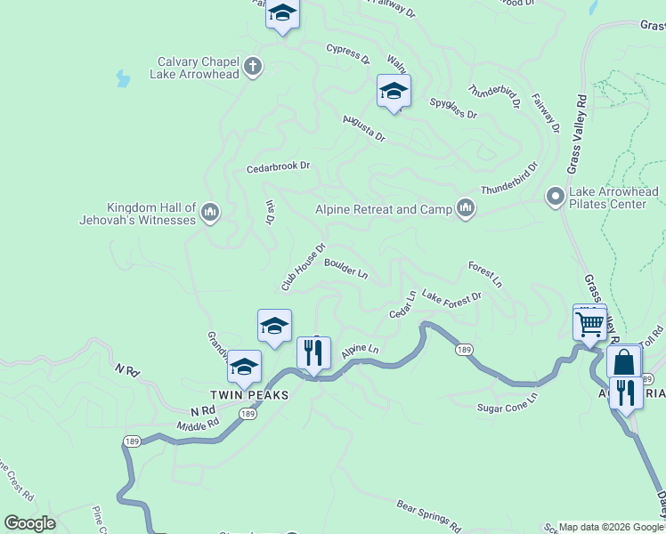 map of restaurants, bars, coffee shops, grocery stores, and more near 26155 Boulder Lane in Twin Peaks