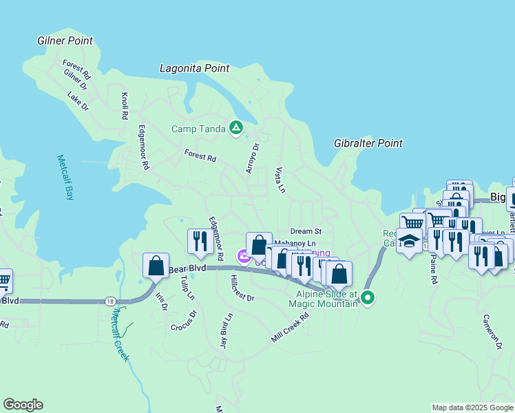map of restaurants, bars, coffee shops, grocery stores, and more near 40052 Forest Road in Big Bear Lake