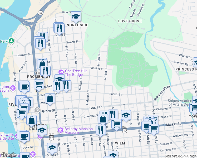 map of restaurants, bars, coffee shops, grocery stores, and more near 616 North 10th Street in Wilmington