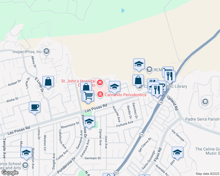 map of restaurants, bars, coffee shops, grocery stores, and more near 3910 Villamonte Court in Camarillo