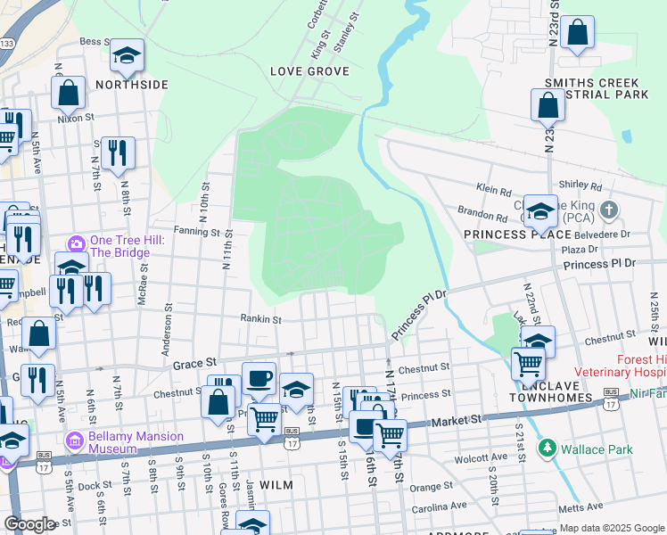 map of restaurants, bars, coffee shops, grocery stores, and more near 520 North 15th Street in Wilmington