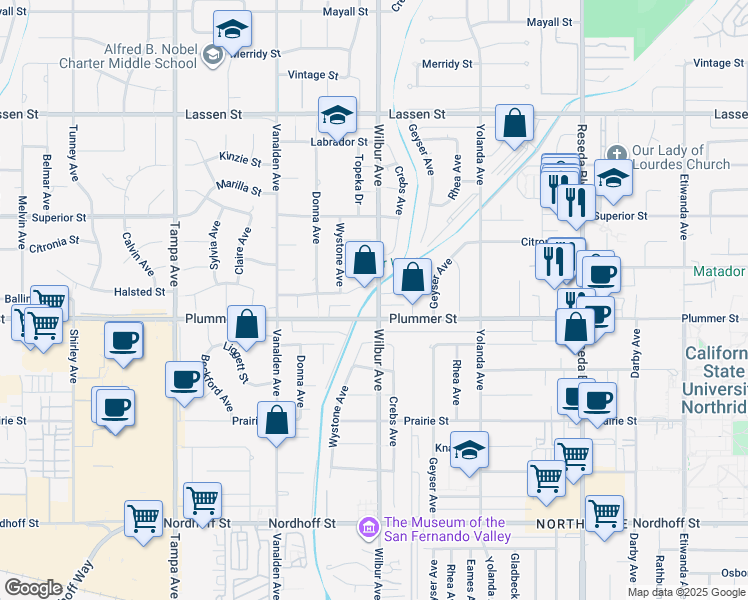 map of restaurants, bars, coffee shops, grocery stores, and more near 9521 Wilbur Avenue in Los Angeles