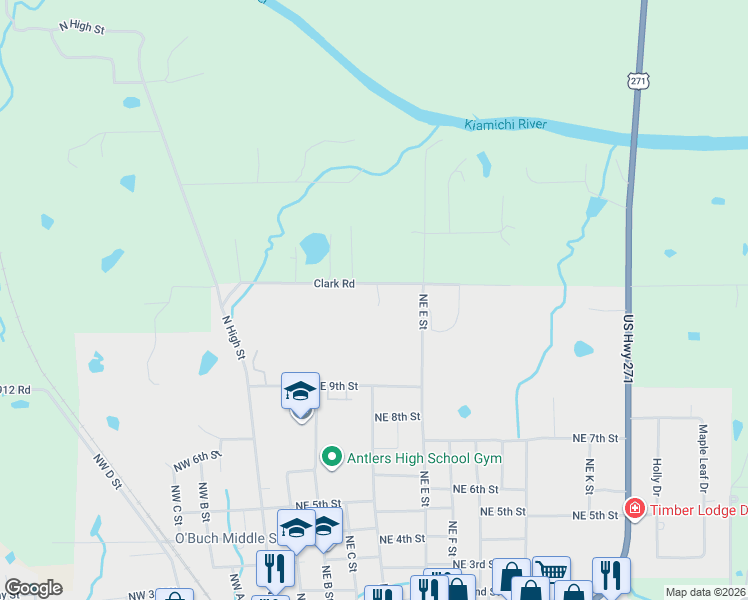 map of restaurants, bars, coffee shops, grocery stores, and more near 506 Northeast 12th Street in Antlers