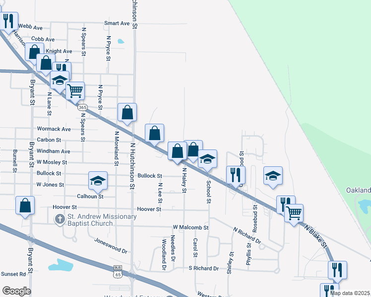 map of restaurants, bars, coffee shops, grocery stores, and more near 1505 North Haley Street in Pine Bluff