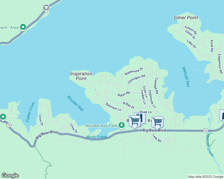 map of restaurants, bars, coffee shops, grocery stores, and more near 39031 Waterview Drive in Big Bear Lake