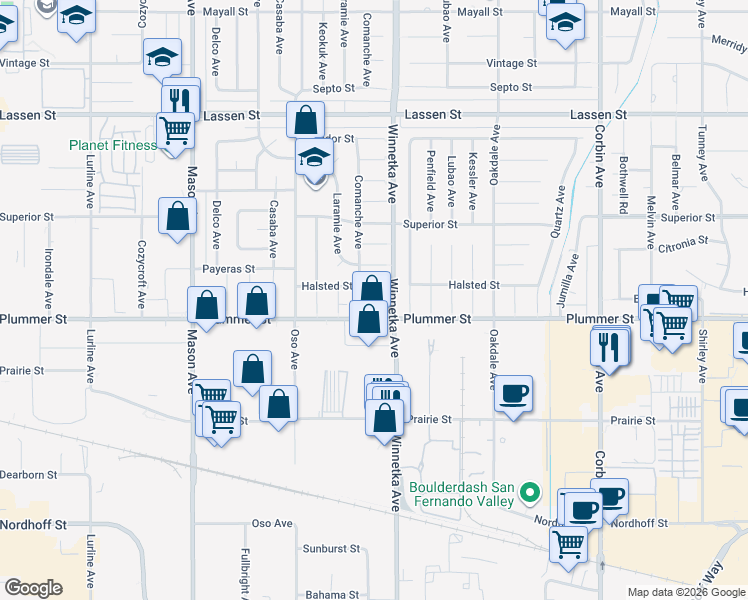 map of restaurants, bars, coffee shops, grocery stores, and more near 20112 Halsted Street in Los Angeles