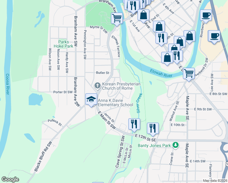 map of restaurants, bars, coffee shops, grocery stores, and more near 1 Lytle Avenue Southwest in Rome