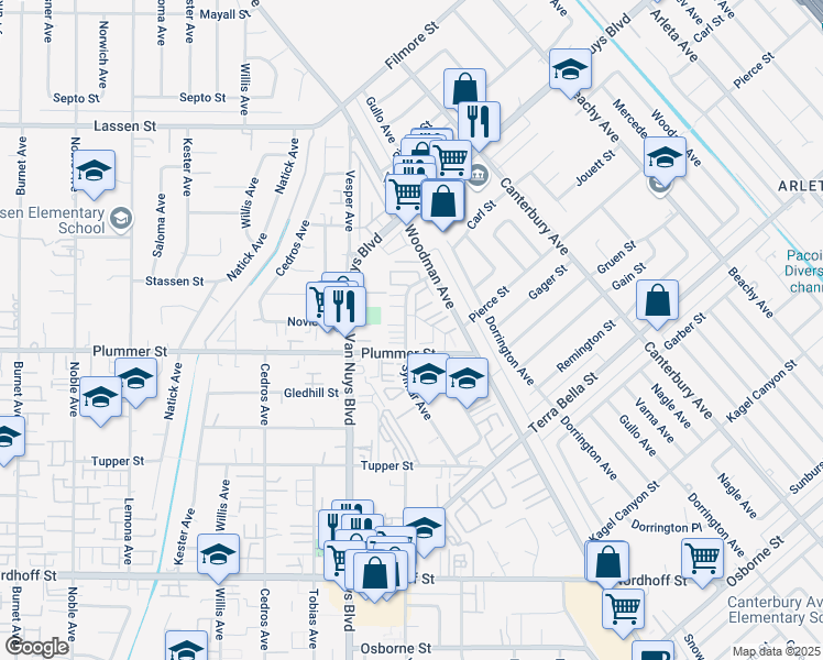 map of restaurants, bars, coffee shops, grocery stores, and more near 9520 Sylmar Avenue in Los Angeles