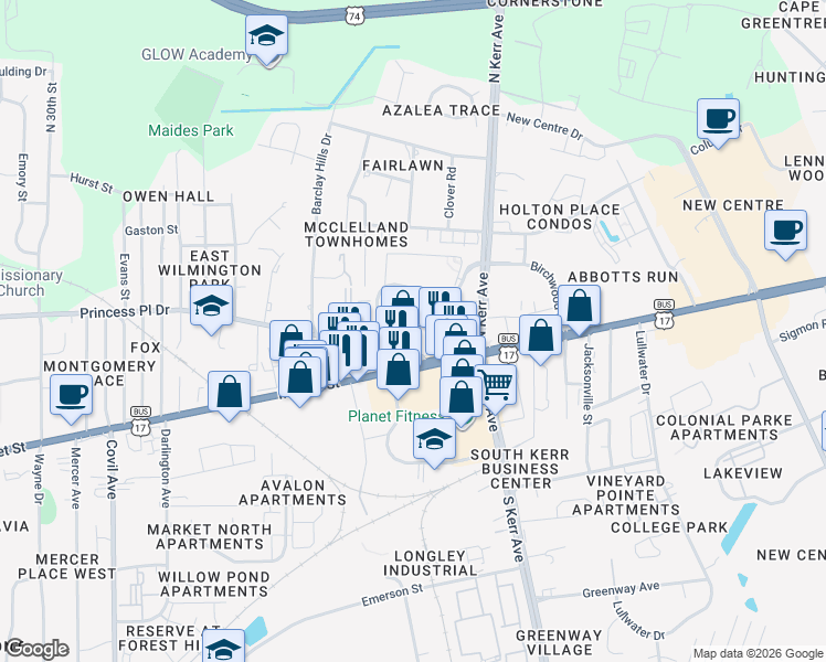 map of restaurants, bars, coffee shops, grocery stores, and more near 4231 Princess Place Drive in Wilmington