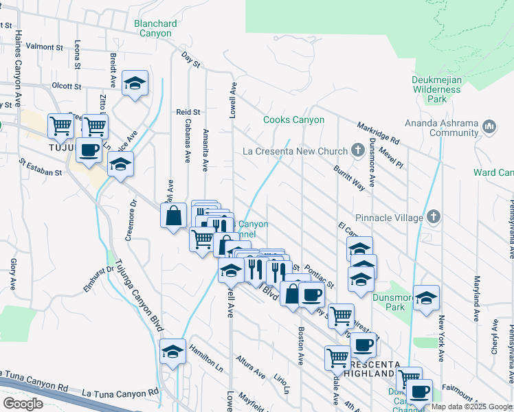 map of restaurants, bars, coffee shops, grocery stores, and more near 3921 Los Olivos Lane in Glendale