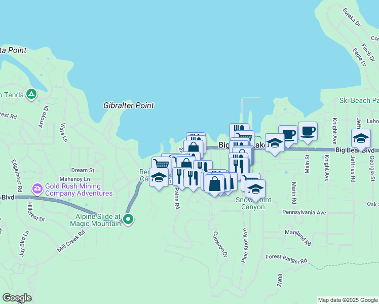 map of restaurants, bars, coffee shops, grocery stores, and more near 40598 Big Bear Boulevard in Big Bear Lake