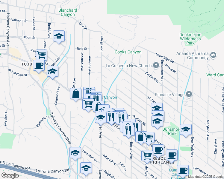 map of restaurants, bars, coffee shops, grocery stores, and more near 3921 Los Olivos Lane in Glendale