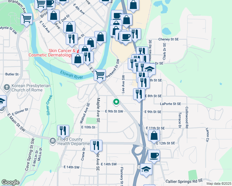 map of restaurants, bars, coffee shops, grocery stores, and more near 725 East 2nd Avenue in Rome