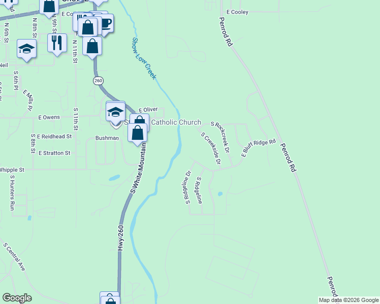 map of restaurants, bars, coffee shops, grocery stores, and more near 1940 East Bluff Ridge Road in Show Low