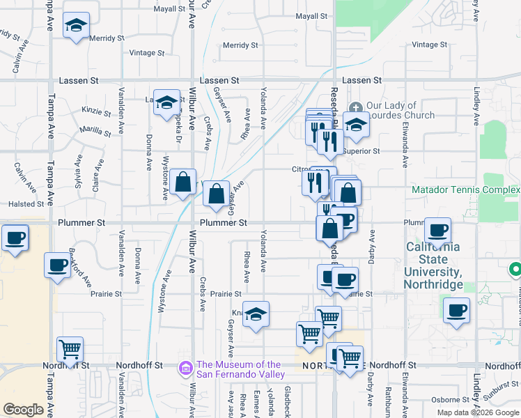 map of restaurants, bars, coffee shops, grocery stores, and more near 9521 Yolanda Avenue in Los Angeles