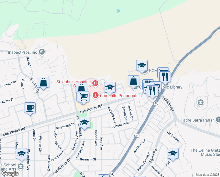 map of restaurants, bars, coffee shops, grocery stores, and more near 3966 Villamonte Court in Camarillo