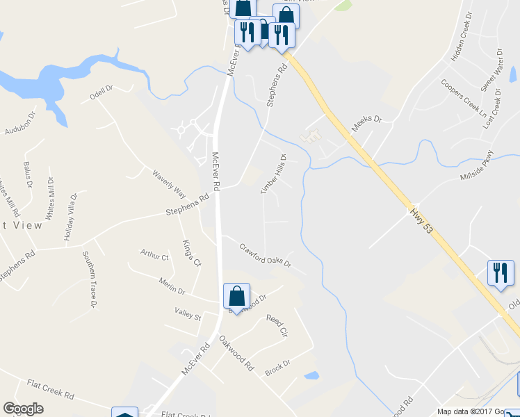 map of restaurants, bars, coffee shops, grocery stores, and more near 5021 Timber Hills Drive in Oakwood