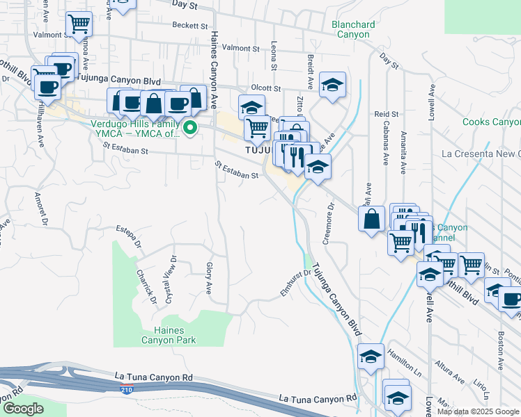 map of restaurants, bars, coffee shops, grocery stores, and more near 9729 Tujunga Canyon Boulevard in Los Angeles