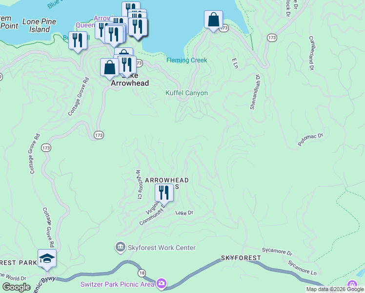 map of restaurants, bars, coffee shops, grocery stores, and more near Sunderland Court in Lake Arrowhead