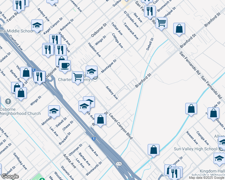 map of restaurants, bars, coffee shops, grocery stores, and more near 9550 Amboy Avenue in Los Angeles