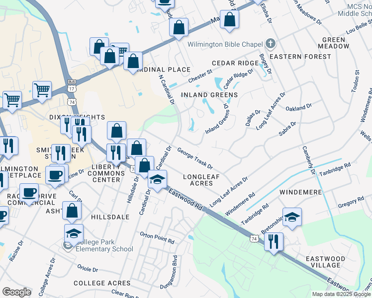 map of restaurants, bars, coffee shops, grocery stores, and more near 713 George Trask Drive in Wilmington