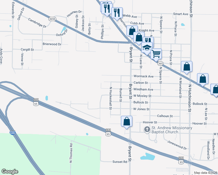 map of restaurants, bars, coffee shops, grocery stores, and more near 6201 Windham Avenue in Pine Bluff