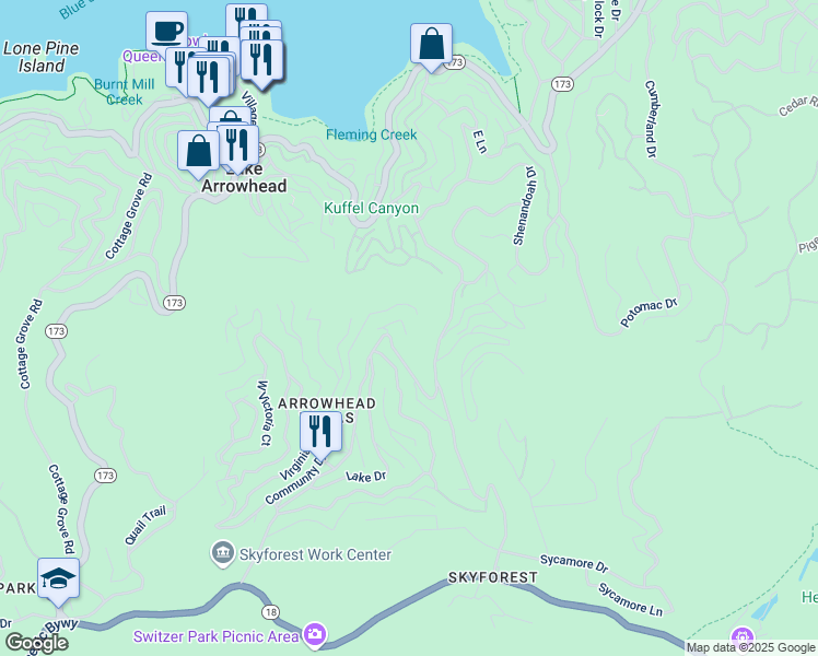 map of restaurants, bars, coffee shops, grocery stores, and more near 555 Dover Court in Lake Arrowhead