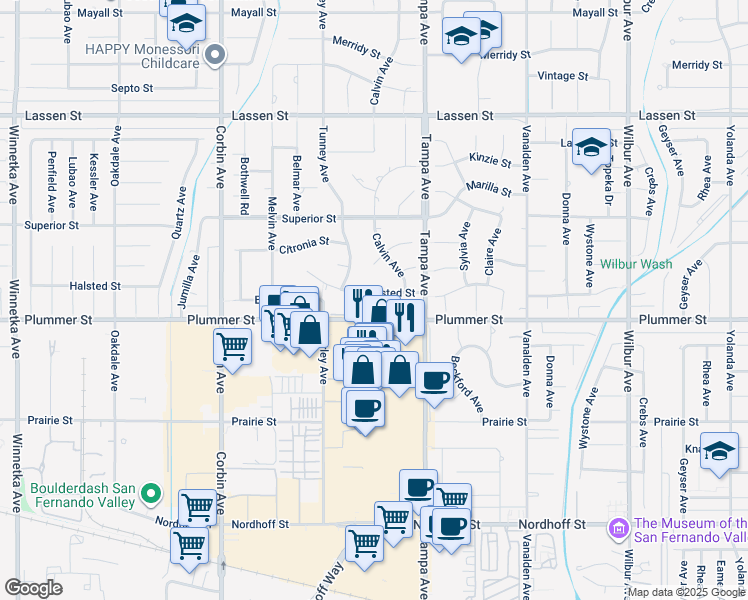 map of restaurants, bars, coffee shops, grocery stores, and more near 19354 Halsted Street in Los Angeles