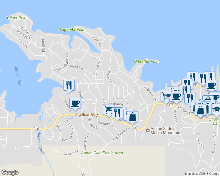 map of restaurants, bars, coffee shops, grocery stores, and more near 511 Lakewood Lane in Big Bear Lake