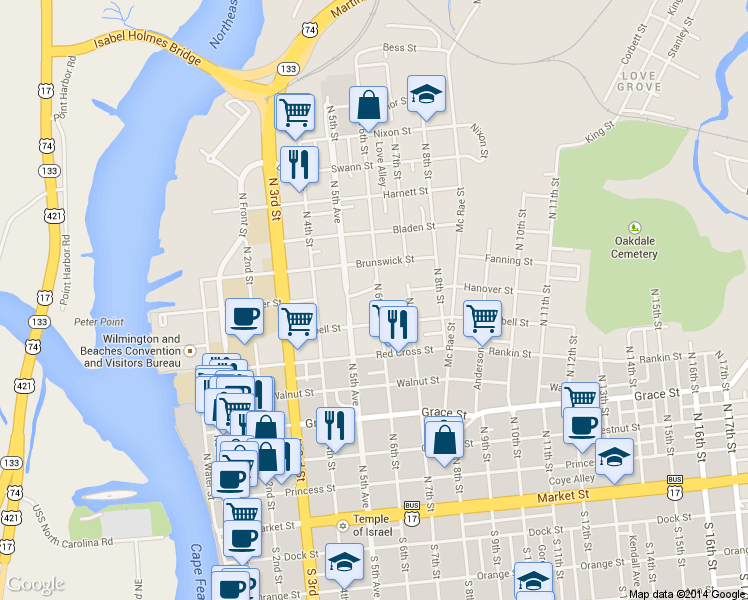 map of restaurants, bars, coffee shops, grocery stores, and more near 625 North 6th Street in Wilmington